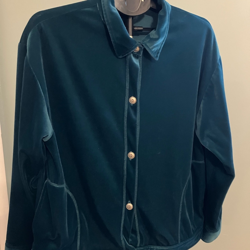 Willow Ridge Teal Velvet Jacket Women’s Button Front Velour 90s Boxy Fit